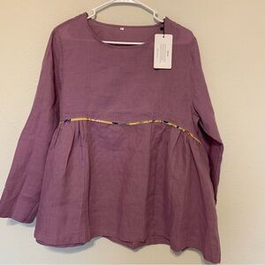 NWT Women’s Linen Chic Mauve Blouse with Floral Accent, Large, Modest Peasant